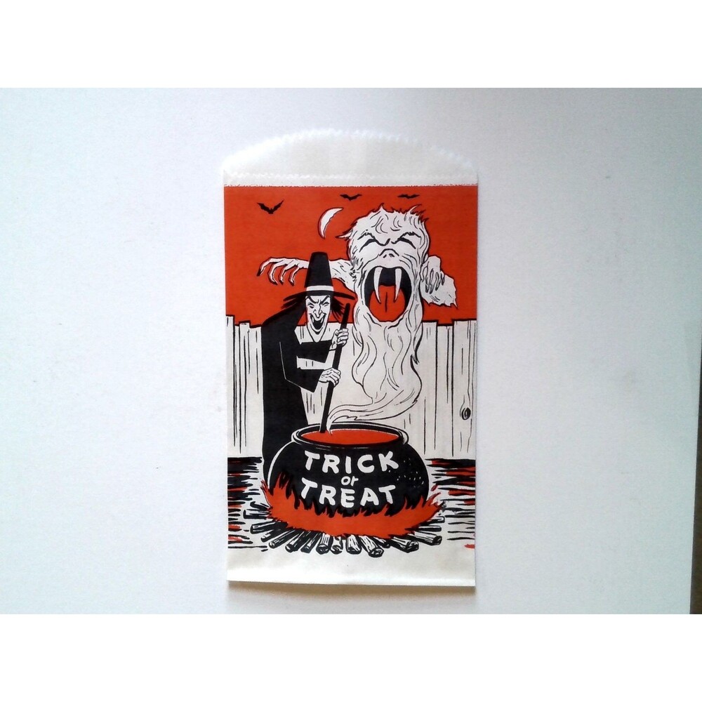 Vintage Halloween Paper Trick or Treat Candy Bag Witch Ghost Cat Orange Black
